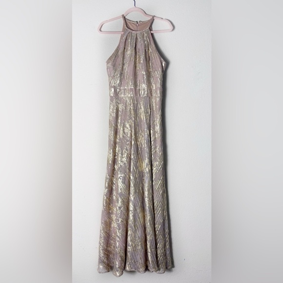 Aqua Formal Floral Print Foil Halter Gown Metallic Gold Beige size 10 - Picture 4 of 16